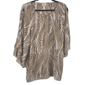 Chicos Sheer Tunic Top Size 2/LG Cold Shoulder Flutter Sleeves Brown Palm Floral